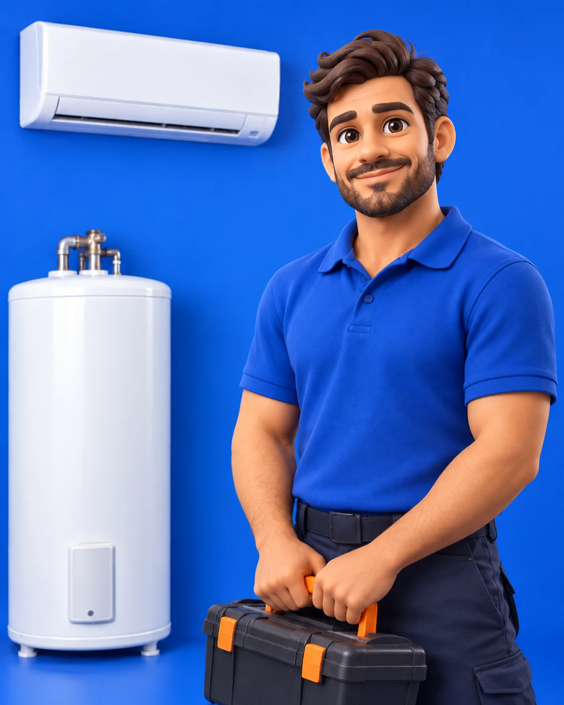 Personaje 3D de Servimat junto a un termotanque y un aire acondicionado